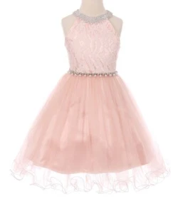 Cinderella Couture Blush Rhinestone-Accent High-Neck A-Line Dress - Girls Size 6 - Picture 1 of 1