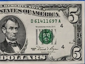 $5 Five Dollar 1981 Federal Reserve Note (UNCIRCULATED) CRISPY NOTE #D61411697A - Picture 1 of 4