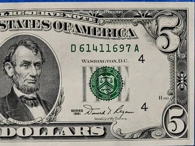 $5 Five Dollar 1981 Federal Reserve Note (UNCIRCULATED) CRISPY NOTE #D61411697A - Image 1 of 4