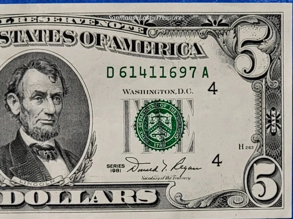 $5 Five Dollar 1981 Federal Reserve Note (UNCIRCULATED) CRISPY NOTE #D61411697A - Image 1 of 4