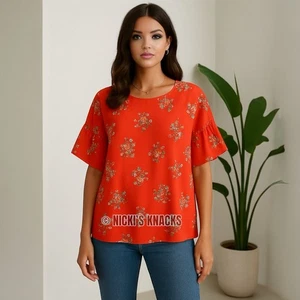 Bright Red Floral Ruffle Sleeve Scoopneck Babydoll Blouse Open Back Size XL - Picture 1 of 8