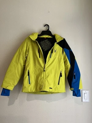 Spyder Boys Winter Coat Size 14 Neon Yellow Blue Insulated Ski Jacket - Image 1 of 4