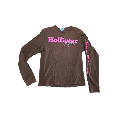 Vintage Y2K Hollister Women's Brown Pink Long Sleeve Tee Shirt Size S Surfer  - Image 1 of 4