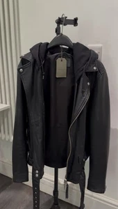 ALL SAINTS Leather Jacket Medium Men's Black Bomber Celebrity STENS Biker Hooded - Picture 1 of 10