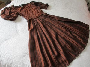 VINTAGE 80S MR K BRONZE & BLACK LINE CHECK PLEATED PUFF SLEEVE DRESS 10 - Picture 1 of 1