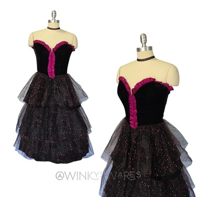 Vestido Gunne Sax Vintage Años 80 Terciopelo Volantes Midi Baile de graduación Talla S Negro Púrpura Brillante  Foto 1 de 4