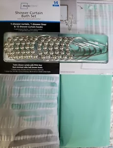 14 pc. Set Variated Polyester Shower Curtain & Liner 12 Hooks Grey & Lt. Green - Picture 1 of 6