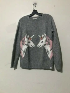 Abercrombie  Size 13/14 Cream Pink 2 Unicorns Gray Sweater Cotton Kids Girls - Picture 1 of 8