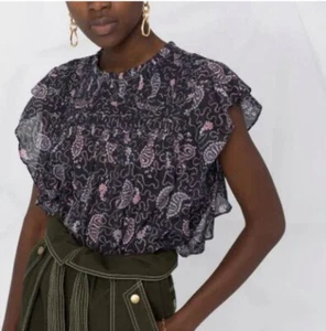 £210 Isabel Marant Layona Ruffle Sleeveless Blouse Top Navy Pink Paisley 36 8 10 - Picture 1 of 12