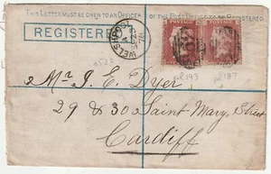 1878 P S REGISTRATO ENV 1d TARGHE 193 & 187 =852= NUMERI GALLESE A CARDIFF - Foto 1 di 2