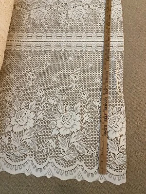 VTG Roses/Flowers Lace Curtain Valance Fabric - German Cream Cotton 36" Wide BTY - Image 1 of 4