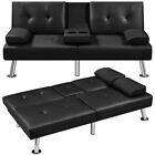 Faux Leather Sofa Bed Convertible Futon Sofa with 2 Throw Pillows Cup Holders