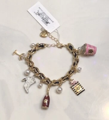 Betsey Johnson Gold Tone Going Out Charm Bracelet Woven Chain Accent NWT - Image 1 of 4