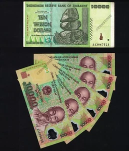 10 Trillion Zimbabwe Dollars AA 2008 + 5 x 10,000 Vietnam Dong Authentic w/ COA - Picture 1 of 3