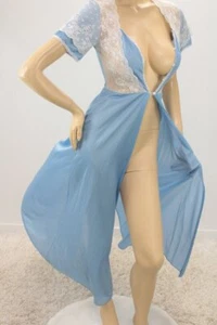Vintage Stardust Bademantel Kleid klein mittelblau Nylon weiß Spitze USA - Bild 1 von 10