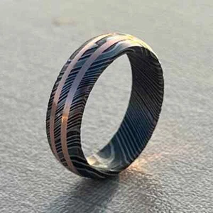 Damascus Steel Brass Outlines Gold Damascus Ring Unique Engagement/Wedding Ring - Picture 1 of 8