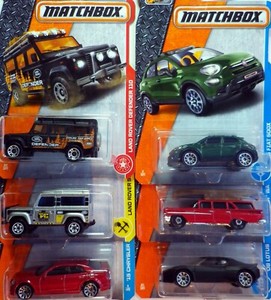 Matchbox 'Super cars on long cards 16' selection: Land Rovers, Lotus, Fiat...