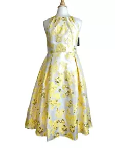 NEW Adrianna Papell Dress 6 Jacquard Metallic Yellow Floral Fit Flare Lined NWT - Picture 1 of 15
