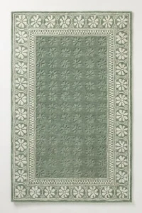 Hand-Tufted Wool Rug Green Floral Design Vintage Border Area Carpet Modern Style - Picture 1 of 3