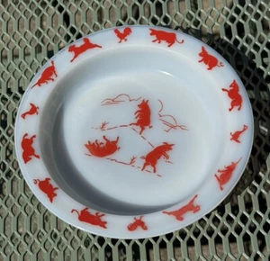 Vintage~Hazel Atlas~3 Little Pigs~Childs Soup Bowl~with Red Nursery Animals~G13* - Picture 1 of 5