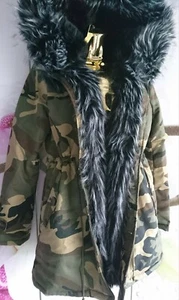 K.ZELL LADIES Camouflage black trim FUR WINTER PARKA JACKET COAT SIZE M L 8 10 - Picture 1 of 12