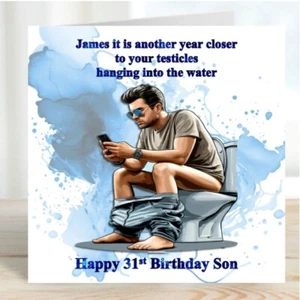 Personalised Mens Birthday Card Rude and Funny Male sat on toilet pondering - Picture 1 of 10