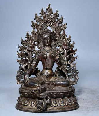 10" China Old Heritage Tibetan Buddhism Brass Gilt Green Tara Buddha Statue - Image 1 of 4