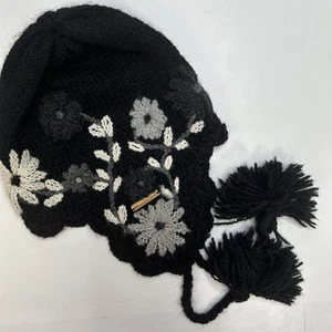 Alpaca Wool Knit Winter Hat Black Gray Tassle Ear Flaps Floral Moon Shadow Peru - Picture 1 of 6