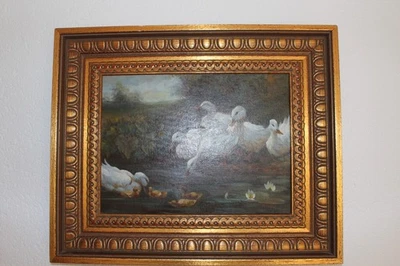 außergewöhnliches Ölgemälde Entenfamilie am Teich Ölbild Signiert Köseler - Bild 1 von 4