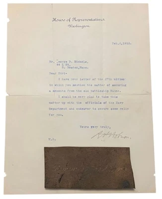 美国海军战舰缅因州号金属备忘录签名信参议员霍布森 — 第 1/4 张图片