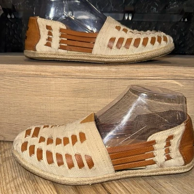 TOMS Huarache Woven Leather Canvas Espadrille Flats Tan Cream Boho Shoes 6.5 Foto 1 de 4