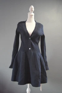 MICAS Sz Large Navy Blue Button-Down Long Sleeve Knit Mini Dress - Picture 1 of 5