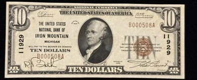 1929 $10 The United States National Bank of IRON MOUNTAIN MICHIGAN Charter 11929 - Image 1 of 2