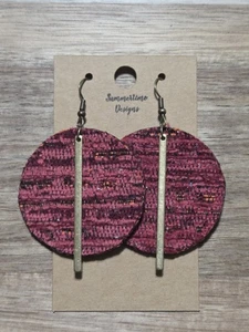 GENUINE Leather Backed Tweed Circle Cut Earrings w/ Gold Finding 2"  - Picture 1 of 1