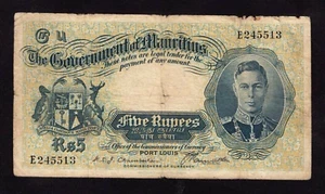 Mauritius 5 Rupees P-22 1937 G+/VG - Picture 1 of 2