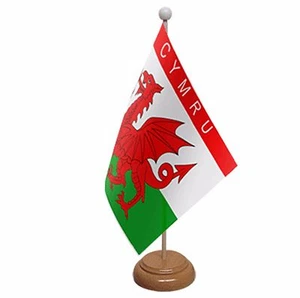 CYMRU TABLE FLAG with wooden base & pole 9"x6" Wales Welsh - Picture 1 of 1