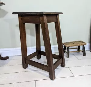 Antique Oak Laboratory Artists Stool Kitchen Solid Angular Hard Wood Design Post - Picture 1 of 24