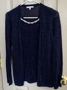 Notations deep blue shimmer sweater set with pearl neckless accent SP - Picture 1 of 5