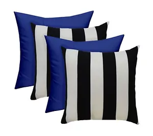 SET OF 4 - Outdoor Black/White Stripe and Solid Royal Blue Pillows - 17" x 17" - Picture 1 of 3