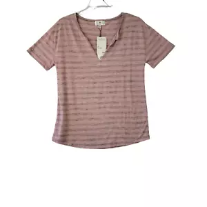 Socialite By Nordstrom Womens Light Mauve Striped SS Shirt Split Neck SZ XS NWT - Picture 1 of 8