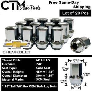 20x Chrome Chevy Camaro Corvette Equinox Extra Tall OEM Factory Lug Nut 14x1.5  - Picture 1 of 3