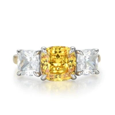 Anillo de 3 piedras con diamantes simulados amarillos y blancos de 4,24 quilates de plata de ley 925 para dama Foto 1 de 4