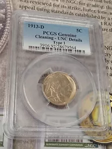1913-D 5C PCGS GENUINE CLEANING -UNC DETAILS TYPE 1 TP-4127 - Picture 1 of 2
