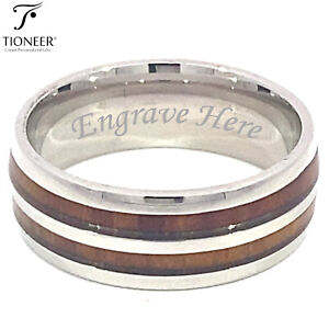 Sterling Silver 925 with Double Wood Stripe Inlay 8mm Ring Free Engraving