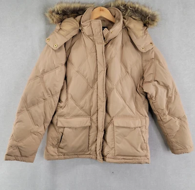 Lands End Jacket Womens Large Beige Quilted Goose Down Fur Trimmed Hooded Coat - Image 1 of 4