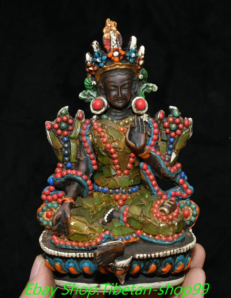 6'' Old Tibet Bone Inlaid Gems Dzi Bead Green Tara Mahayana Buddhism Statue - Image 1 of 4
