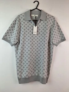 River Island Grey Slim Fit Knitted Geometric Print Polo Shirt Size Small New - Picture 1 of 12