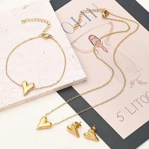 Gold Necklace,Bracelet & earrings with Heart Accent, Stainless Steel. - Picture 1 of 4