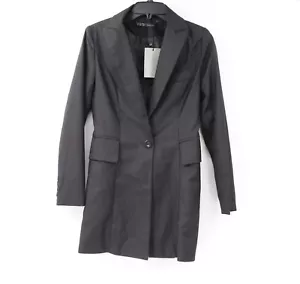 NWT zara blazer women's Medium Long one button black solid pockets peak lapel - Picture 1 of 12
