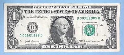September 5, 1989 Birthday Note $1 One Dollar Bill D 00951989 D (__9 - 5 - 1989) - Image 1 of 2